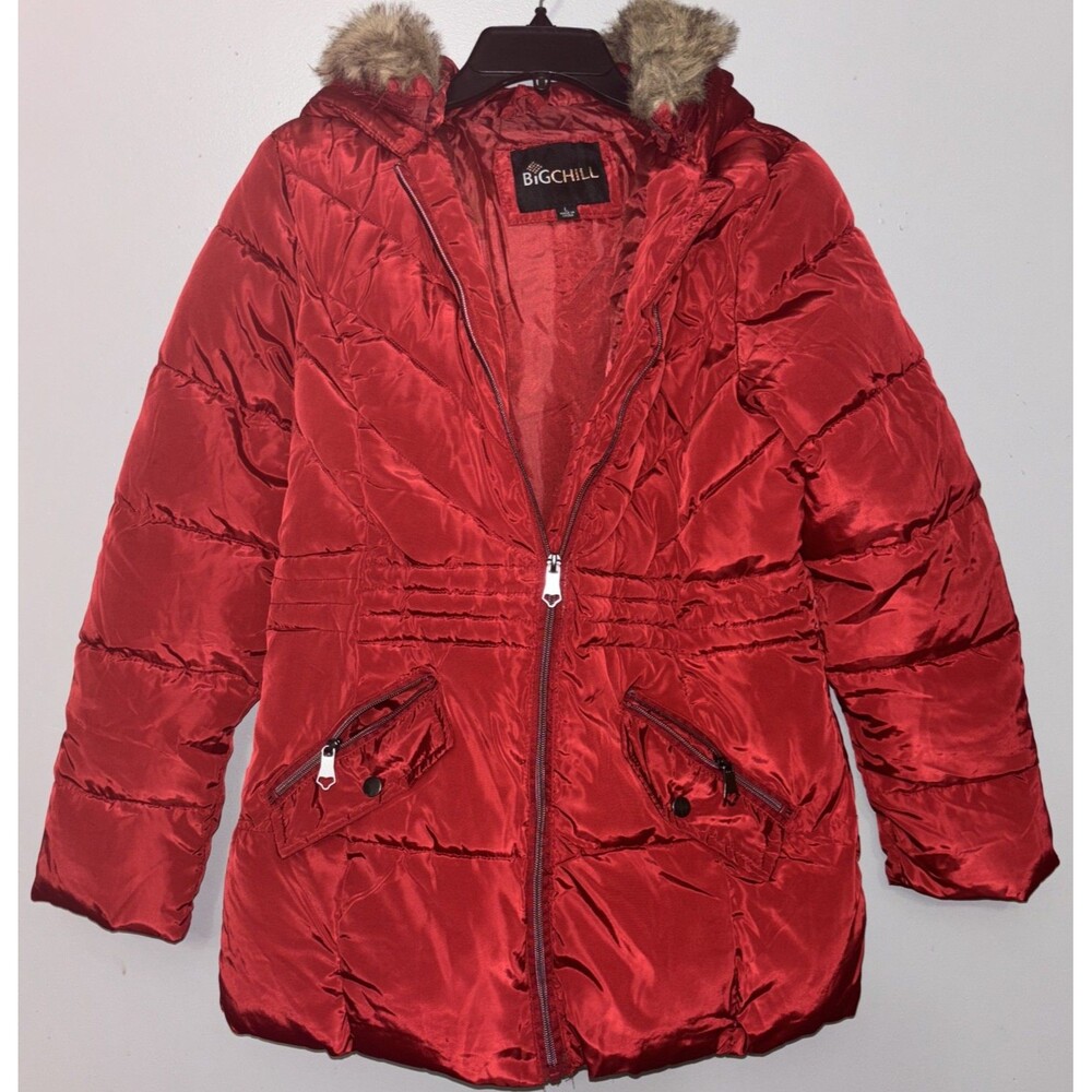 Women’s Big Chill Red Puffer Jacket Faux Fur Trim On Hood Size Large . Zipper